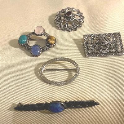 Sterling Silver Brooches With Stones And Marcassite 