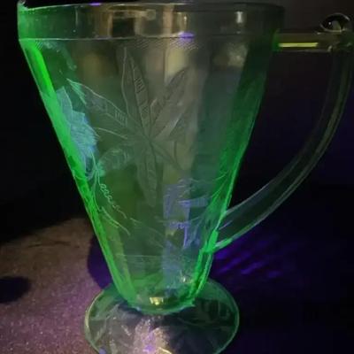 Jeanette Uranium Glass Pitcher Floral Poinsettia 