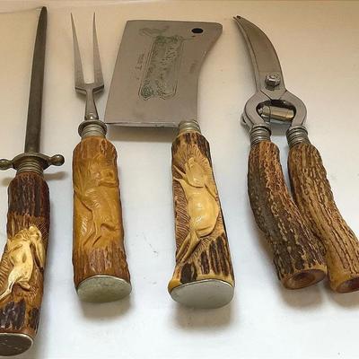 Vintage Solingen Stainless Carving Set Carved Stag Antler Handles