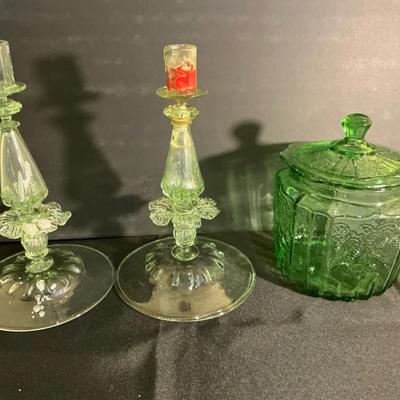 Green Depression Glass Cookie Jar And Candle Sticks 