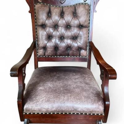 Antique Victorian Style Tufted Leather Rocking Chair