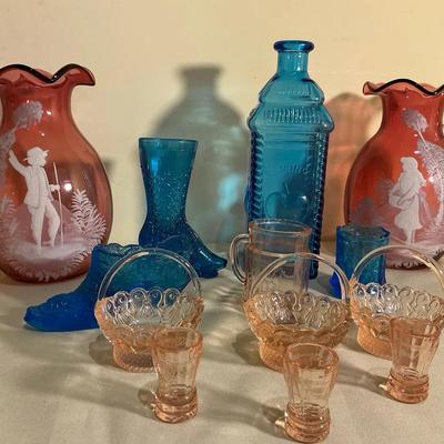 Cranberry Glass, Pink Depression Glass And Light Blue Glass Items