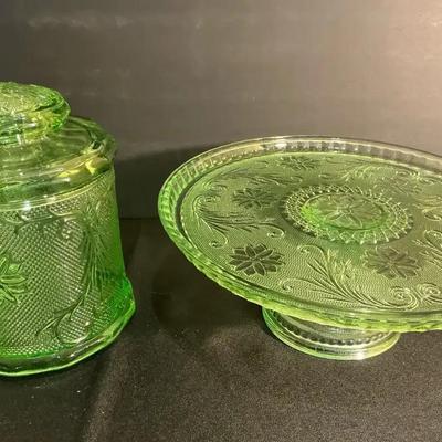 Green Depression Glass Cake Stand And Cookie Jar 
