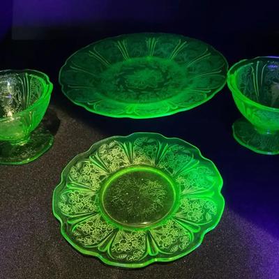 Uranium Glass Custard Cups And Plates 