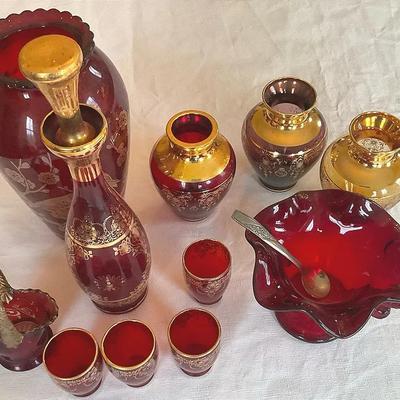 Ruby Red And Gold Glass Items