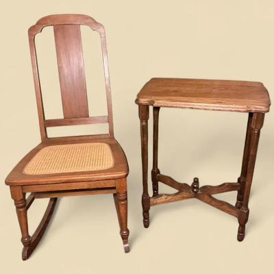Antique Cane Seat Rocking Chair & Oak Accent Table