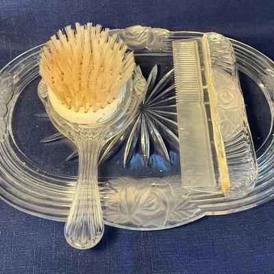 Vintage Glass Vanity Tray, Brush, Mirror 