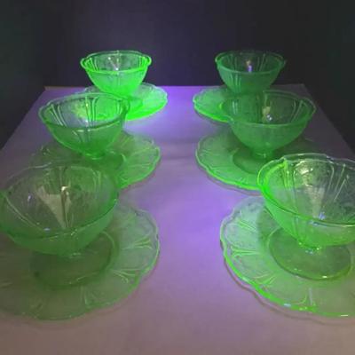 Uranium Glass Parfait Cups And Saucers Cherry Blossom Pattern 
