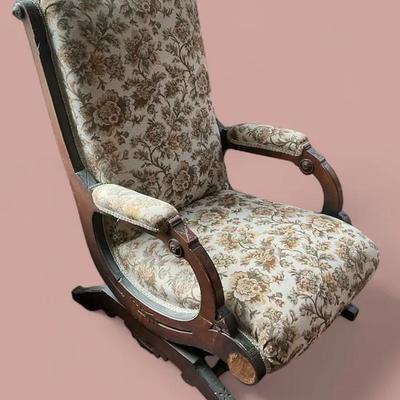 Antique Rocking Chair Wood Frame Floral Tapestry