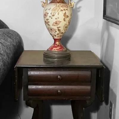 Antique Empire Drop Leaf Side Table & Ornate Porcelain Table Lamp