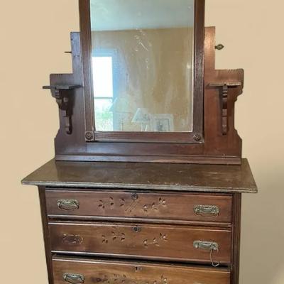 Antique Stone Top Chest Of Drawers w/ Mirror