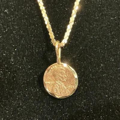 14kt Gold 18” Necklace With Tiny Penny Pendant 