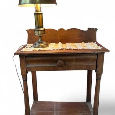 Antique Wood End Table & Metal Lamp