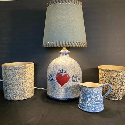 Light Blue Spongeware Lamp And Pottery Pieces 