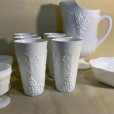 Milk Glass Style Glasses And Pitcher With Pressed Glass Bowl