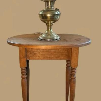 Painted Floral Hurricane Lamp & Wood Table