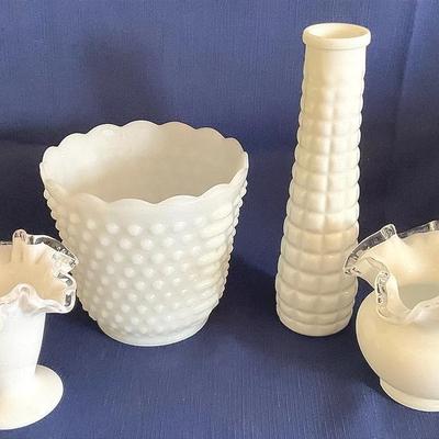 Vintage White Milk And Hobnail Planter, Ruffle Vases