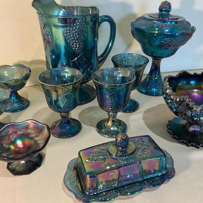 Blue Carnival Glass Pitcher, Chalices, Butter Dish And Extras