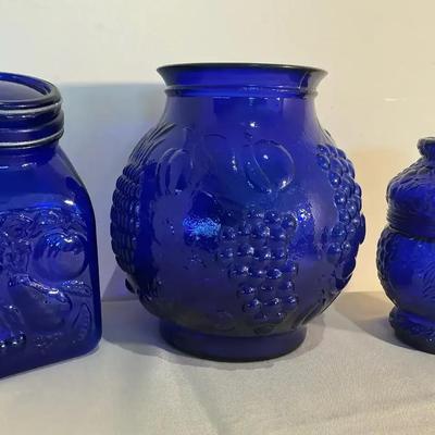 Cobalt Blue C Andy Canister, Jocking Lidded Jar, And Raised Fruit Vase
