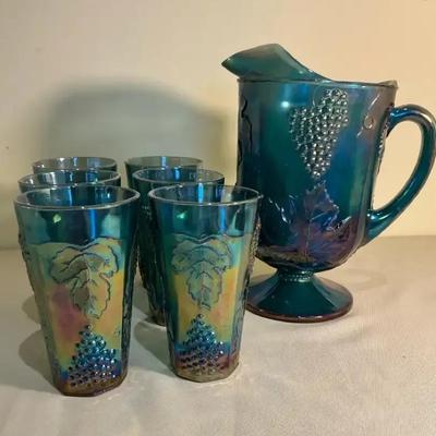 Carvival Glass Grapes Pitcher And 11 Glasses
