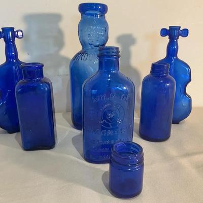 Cobalt Blue Glass Bottle Collection Including Brookfield Baby Top Milk Bottle