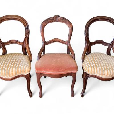 Three Ornate Wood Framed Chairs 