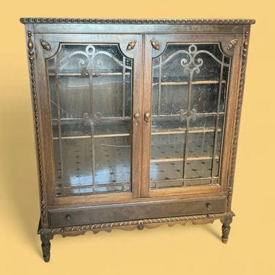 Antique Wood & Glass Double Door Cabinet