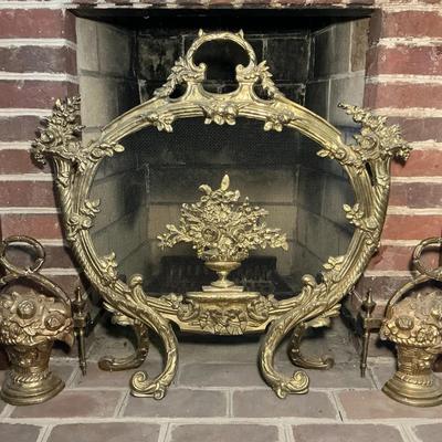 Louis XV Style Fireplace Screen & Andirons + Tools