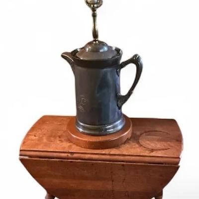 Vintage Wood Drop Leaf Table & Punched Metal Pitcher Lamp