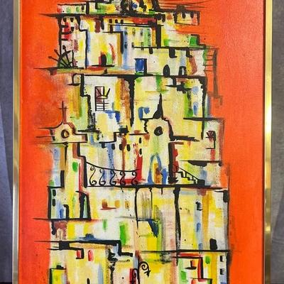 Signed Framed Colorful Abstract Modernist Building Original Painting on Board
