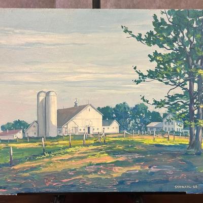 J. Alvin Storck - White Barn & Farmhouse - Vintage Signed  Barn Landscape Original Painting on Board