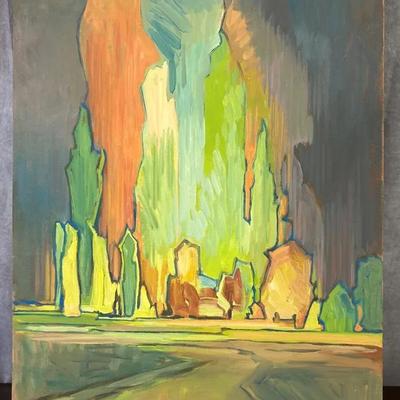 J. Alvin Storck - Manitoumi  - Vintage Signed Colorful Abstract Landscape Original Painting on Board