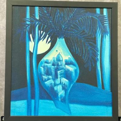 Signed Framed Vintage Orientalist Modernist Mystical Town Scene Original Painting on Canvas