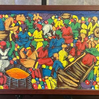 Vintage Signed Framed Colorful Haitian  Modernist Original Painting on Canvas