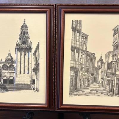 Rúa do Franco & Plaza de Platerías Pair of Vintage Brazilian Framed Prints
