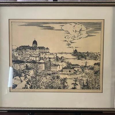 Vintage Signed Titled Framed Townscape Print