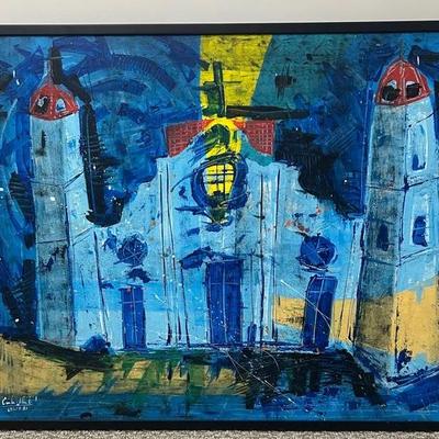 Large Signed Framed Abstract Modernist Expressionist Church Scene Original Painting on Canvas (1980)
