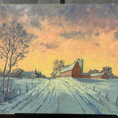 J. Alvin Storck - Vintage Signed Modernist Luminous Barn Landscape Original Painting on Board