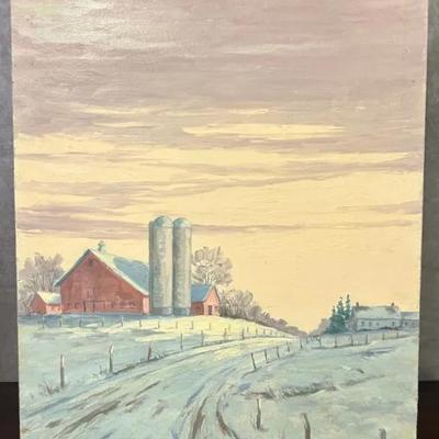 J. Alvin Storck - Sunset Farm - Vintage Signed Modernist Barn Landscape Original Painting on Board