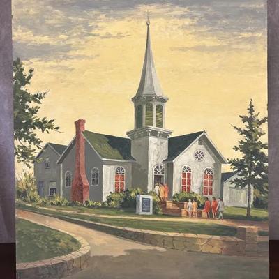 J. Alvin Storck - Maravian Church - Vintage Signed Modernist Church Original Painting on Board