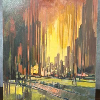 J. Alvin Storck - Vintage Signed Colorful Modernist Cityscape Original Painting on Board