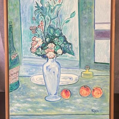 Signed Vintage Modernist impressionist Floral Still Life Framed Painting on Canvas