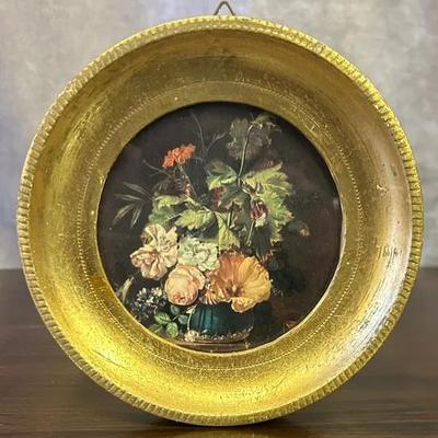 Vintage Giltwood-Framed Round Floral Print