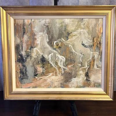 Vintage Signed Framed Abstract Horses Original Painting on Canvas