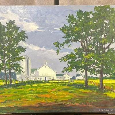 J. Alvin Storck - St. Charles Road Farm - Vintage Signed Landscape Original Painting on Board