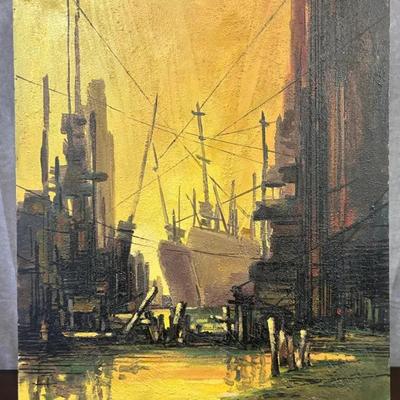 J. Alvin Storck - Dry Docks - Vintage Signed Modernist Harbor Scene Original Painting on Board
