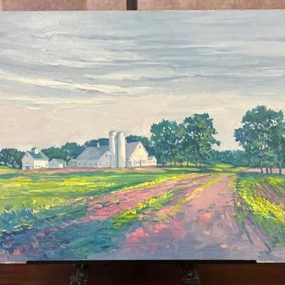 J. Alvin Storck - White Barn - Vintage Signed Modernist Barn Landscape Original Painting on Board