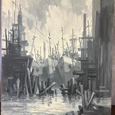 J. Alvin Storck - Dry Docks - Vintage Signed Modernist Harbor Scene Original Painting on Board
