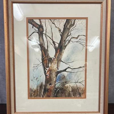 Signed Framed Modernist Tree Scene Original Watercolor