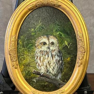 Signed Vintage Giltwood-Framed Miniature Owl Original Painting on Board (1983)
